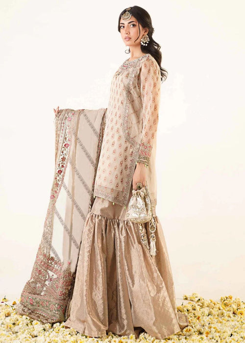 Maria B. 3 Piece Embroidered Organza Gharara suit with embellished dupatta