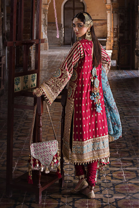 BIBI LAL                                              
SKU: ZWU-23-29
Design Code: ZWU-23-29
Color: Red and Turquoise Blue
Fabric: Silk
Work Details: Embroidery - Hand Embellishment - Tilla - Sequin - Mirror Work